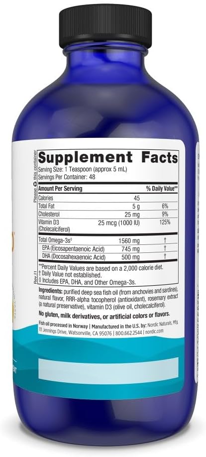 Nordic Naturals Omega-3D, Lemon Flavor - 8 oz - 1560 mg Omega-3 + 1000 IU Vitamin D3 - Fish Oil - EPA & DHA - Immune Support, Brain & Heart Health, Healthy Bones - Non-GMO - 48 Servings