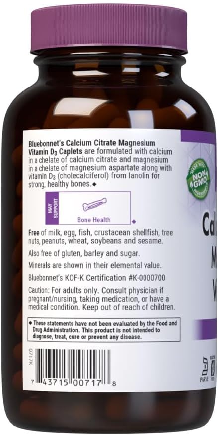 Bluebonnet Nutrition Calcium Citrate Magnesium Plus Vitamin D3 Caplets, Bone Health & Muscle Relaxation, Non GMO, Gluten, Soy & Milk Free, Kosher, White, Unflavored, 180 Count