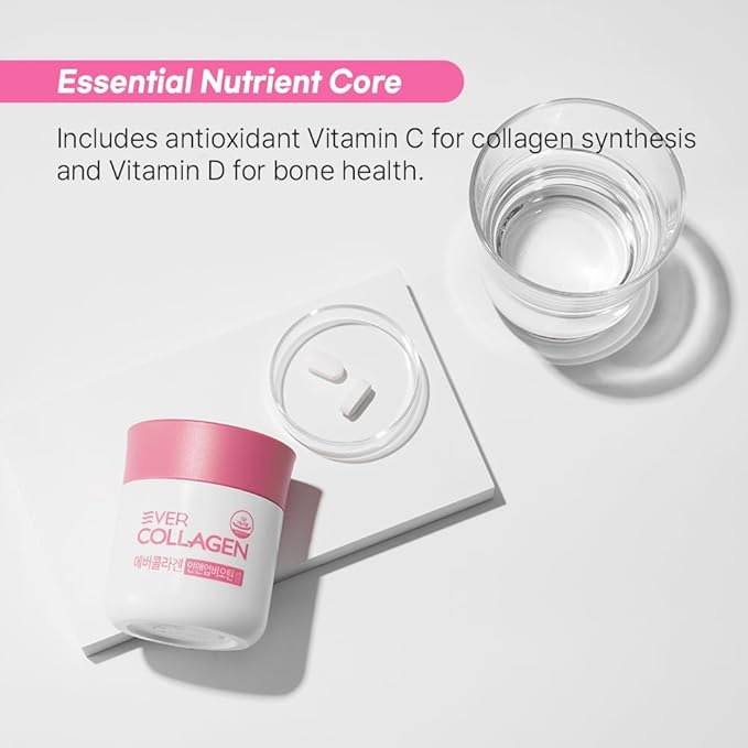 Ever Collagen in&UP Biotin Cell, Low Molecular Marine Fish Collagen Peptides Tablets with Vitamin Selenium Supplements - Healthy Skin, Hair, Nail for Women - Antioxidant Supplement
