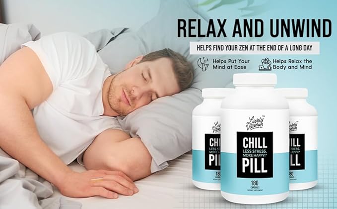 LIVELY VITAMIN CO. Chill Pill - Calm Mood - Relax - Restful Deep Sleep - REM - Stress - Anxiousness - Magnolia Bark - Chamomile - L-Theanine - Passionflower - 5-HTP - 180 Vegan Capsules