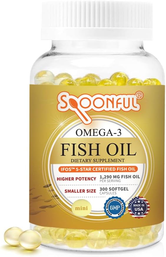 Spoonful Mini Omega 3 Fish Oil, iFOS Certified, 1290 mg Per Serving, 300 Softgels Pearls, Small Size Easy to Swallow Capsules, Made in USA