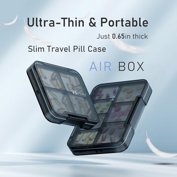 Small Pill Organizer, Waterproof & Portable Pill Case for Daily Travel - Adjustable 4 Compartments Compact Medicine Holder for Vitamins, Pills, Perfect for Purse or Pocket (Blue)