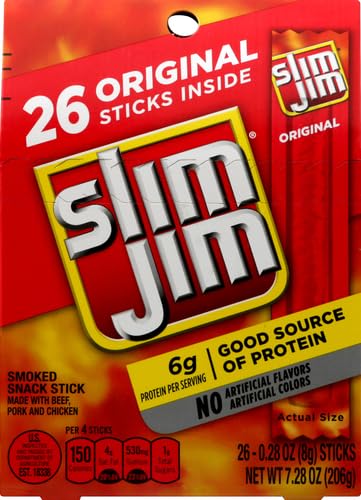Slim Jim Smoked Meat Sticks, Original Flavor, 6g Protein Per Serving, Snack Size, Father's Day Gift, 0.28 oz. (26 Count) (Pack of 2)