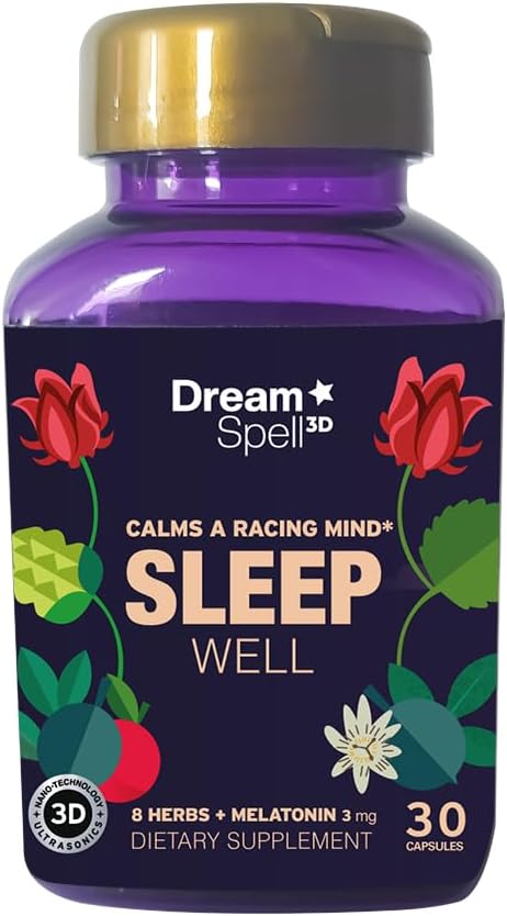 Dream Spell 3D Natural-Based Sleep Aid - Soothes an overactive Mind at Bedtime, No Next-Day Grogginess- Drug-Free with 3Mg Melatonin, GABA, Hops - Restful Nights, Refreshed Mornings - 30 Capsules