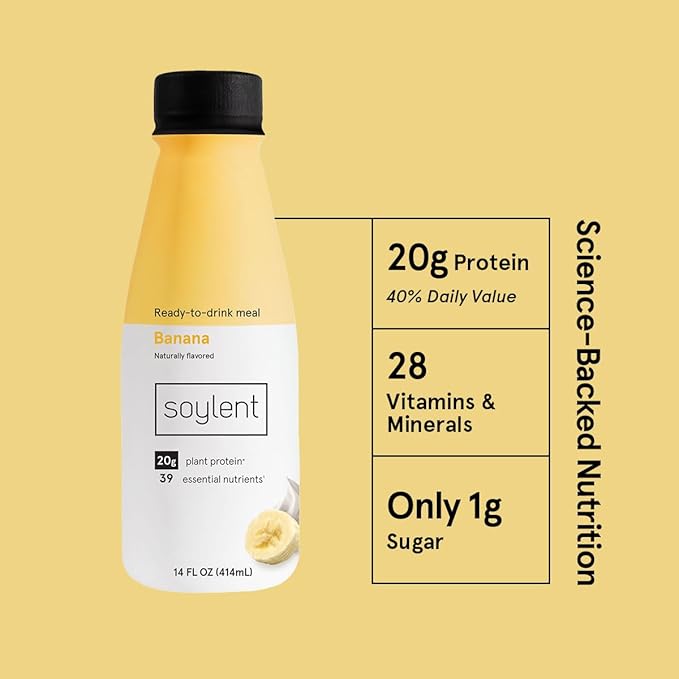 Soylent Banana Meal Replacement Shake,Ready-to-Drink Plant Based Protein Drink,Contains 20g Complete Vegan Protein and 1g Sugar,14oz,(Pack of 24)