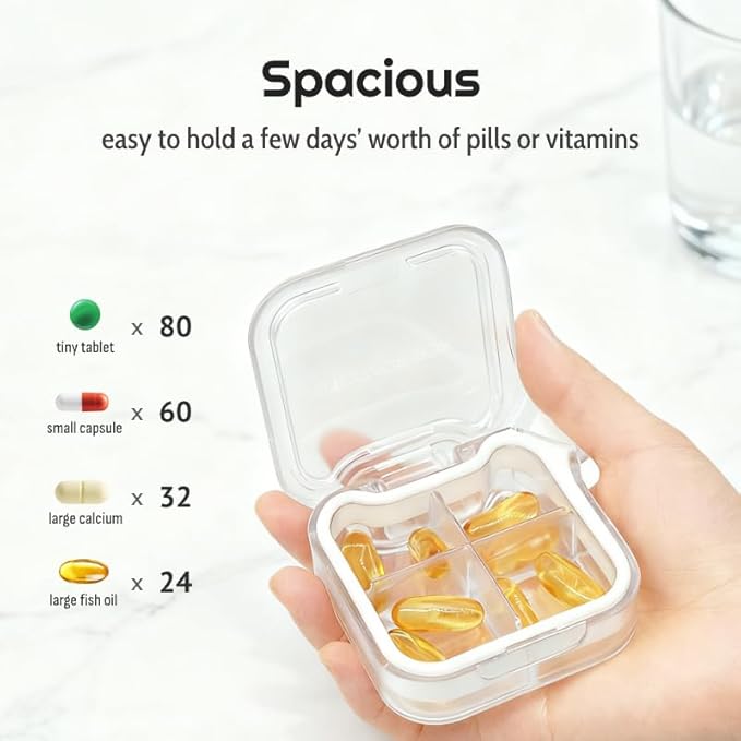Small Stylish Pill Case for Women, Compact Vitamin Box, Portable Travel Pill Container, 4 Compartments Medications & Supplements Organizer (Purple)