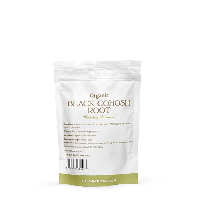 Halo Naturals Organic Black Cohosh Root Cut & Sifted, 4 Ounces (Cimicifuga racemosa) USDA Certified | Resealable Pouch| Packaged in The USA