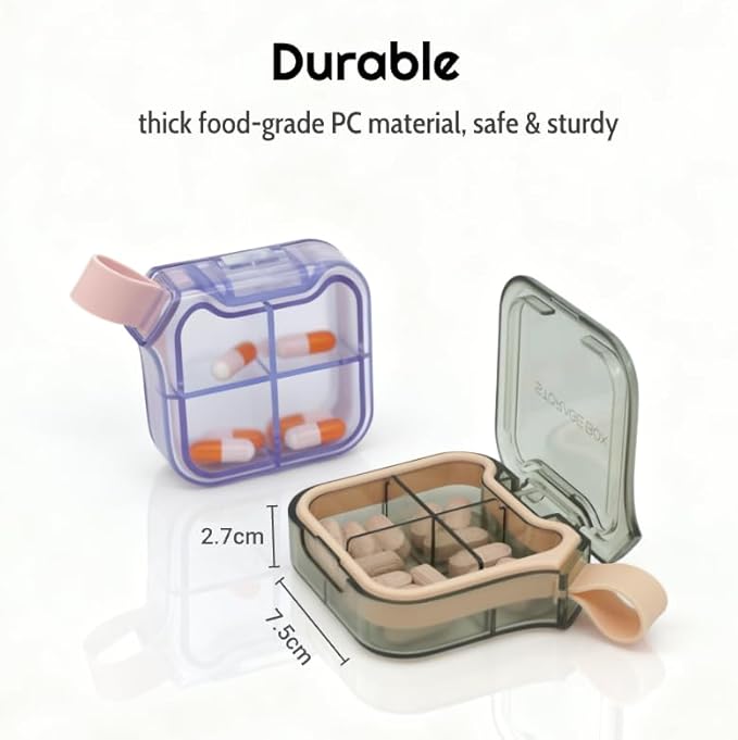 Small Stylish Pill Case, Compact Vitamin Box, Portable Travel Pill Dispenser, 4 Compartments Medications & Supplements Organizer (Black)