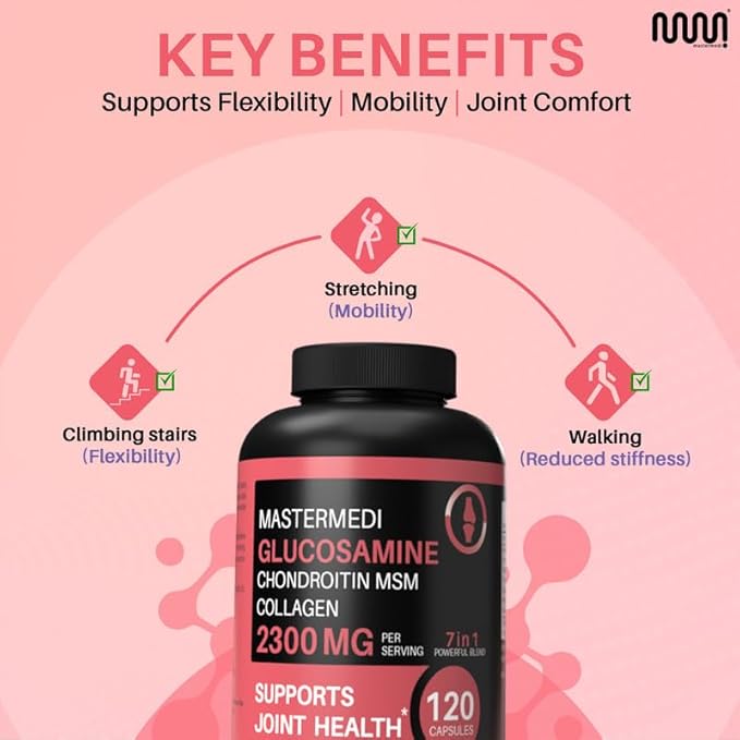mastermedi Glucosamine Chondroitin MSM Collagen Capsules – 2300mg Joint Support Formula – with Turmeric, Boswellia, Hyaluronic Acid – Mobility & Flexibility Support – 120 Capsules, 30-Day Supply