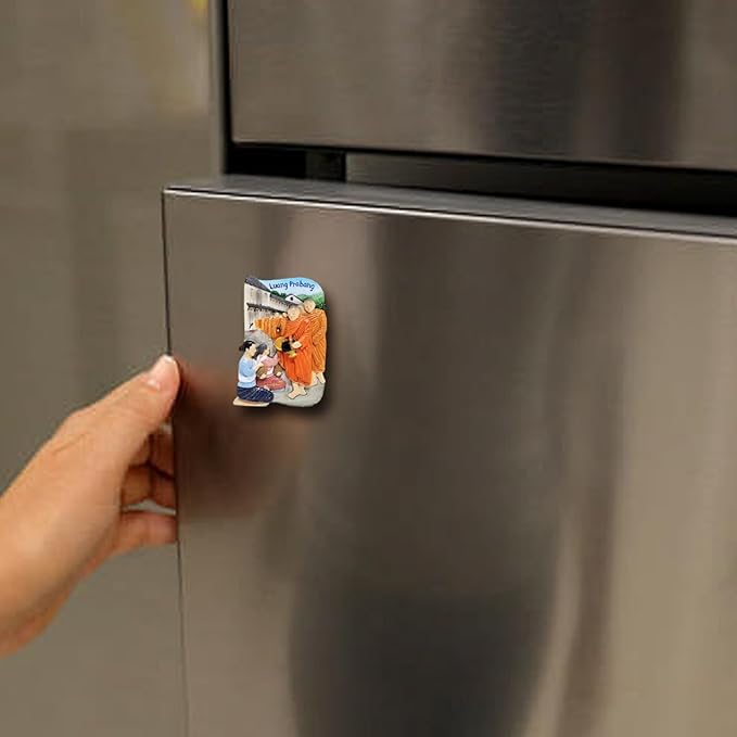 WitnyStore Tiny Morning Alms Giving Offer Sticky Rice and Food to Buddhist Monks in Luang Prabang, Laos Southeast Asia Tourist Attractions Resin Refrigerator Magnet Traveler Souvenir 3D Fridge Magnets