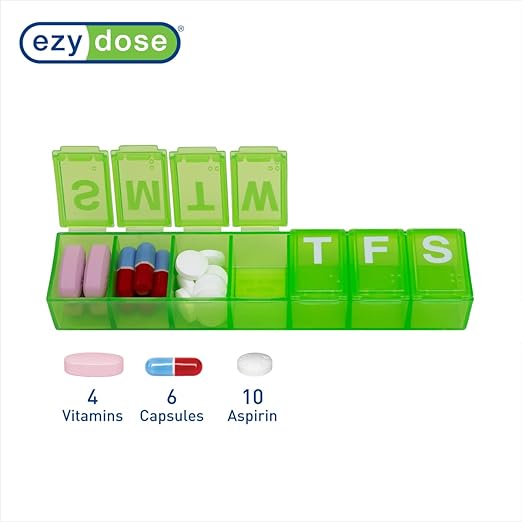 EZY DOSE Weekly (7-Day) Daily Pill Organizer, Vitamin Planner, Medicine Container, Case for Supplements and Fish Oils, Convenient and Easy to Use, Medium Compartments, Travel Friendly, Green, BPA Free