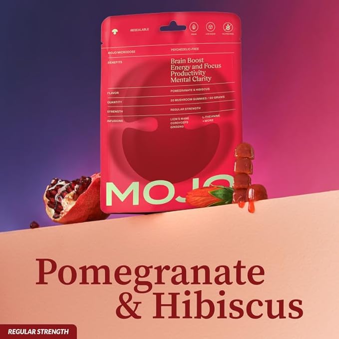 Mojo Focus Gummies w/Lion’s Mane, Panax Ginseng, Ginger Root, Cordyceps, Brain Supplement Memory/Focus Support Adults Nootropic Mushroom Gummies, Pomegranate Hibiscus, Regular Strength (2 Pack)