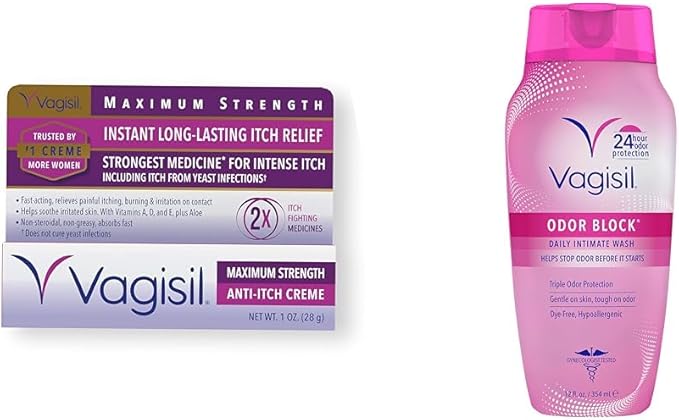Vagisil Maximum Strength Feminine Anti-Itch Cream with Benzocaine for Women & Feminine Wash for Intimate Area Hygiene, Odor Block, Gynecologist Tested, Hypoallergenic, 12 oz, (Pack of 1)