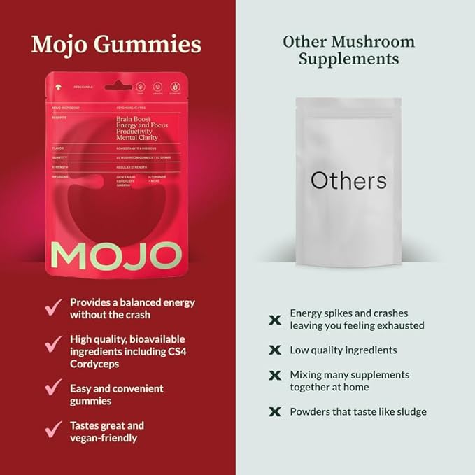 Mojo Focus Gummies w/Lion’s Mane, Panax Ginseng, Ginger Root, Cordyceps, Brain Supplement Memory/Focus Support Adults Nootropic Mushroom Gummies, Pomegranate Hibiscus, Regular Strength (2 Pack)