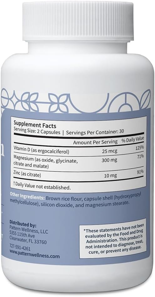 Pattern Wellness Magnesium Complex – Supports Muscle, Bone & Relaxation Health – with Zinc & Vitamin D – Daily Support Formula – 60 Vegan Capsules