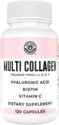 Collagen Capsules with Biotin, Hyaluronic Acid, Vitamin C, Hydrolyzed Multi Collagen Peptide Capsules Types I, II, III, V, X For Skin, Hair, Nails and Joint Health Supplement* 120 Count