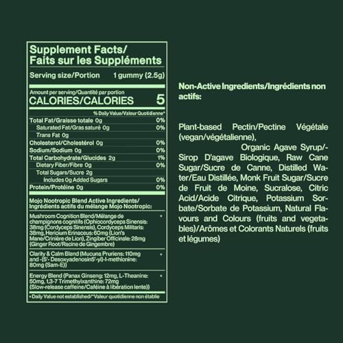Mojo Extra Strength Focus Gummies with Lion’s Mane, Panax Ginseng, Ginger Root, Cordyceps, SAM-e, and Nootropics, Energy and Focus Supplement, Vegan, Strawberry Tangerine (3 Pack)