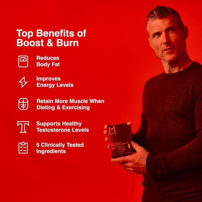 Mdrive Boost and Burn Testosterone Booster and Fat Burner for Men, Energy, Strength, Stress Relief, KSM-66 Ashwagandha, Advantra Z, Chromax, 30 Capsules