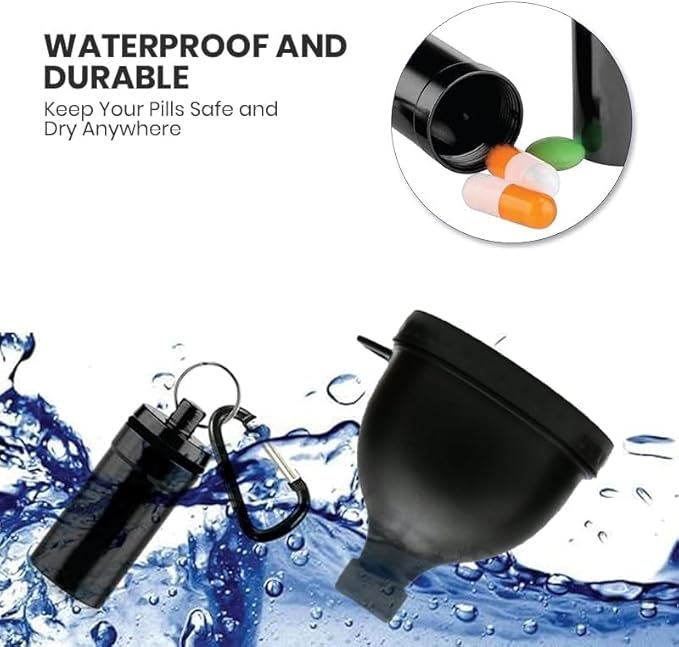 Protein Powder Container to Go Funnel with Aluminium Alloy Mini Pocket Pill Box and Carabiner Clip Supplement Funnel with Cap for Water Bottle Pre Workout Gym Mini Travel Funnels Shaker Cup