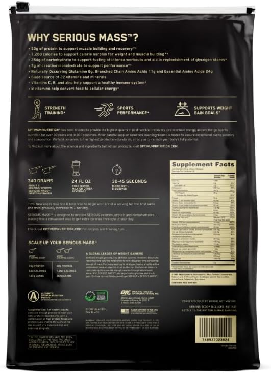 Optimum Nutrition Serious Mass Weight Gainer Protein Powder, Vitamin C and Zinc for Immune Support, Vanilla, 12 Pound (Packaging May Vary)