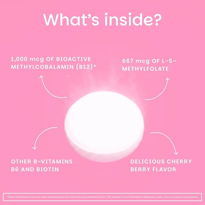 EZ Melts Energy, Memory & Mood Enhancer - B Vitamins Supplement with Vitamin B12, B6, Folate & Biotin - Non-GMO & Vegan - Cherry Berry - 60 Dissolvable Tablets (60 Servings)