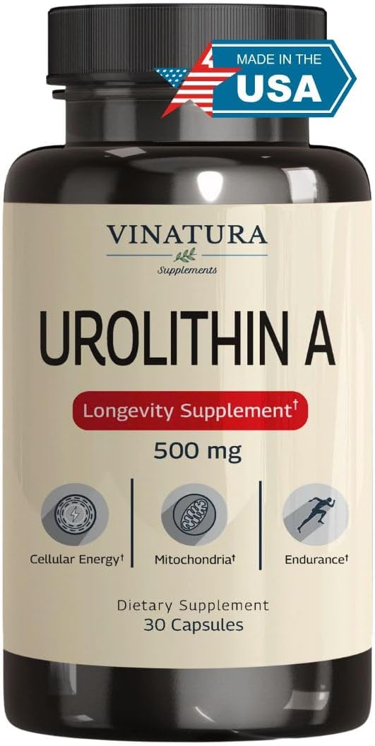 VINATURA Urolithin A Supplement 500mg - Urolithin A+ for Powerful Antioxidants, Anti Aging and Mitochondrial Support, 30 Capsules