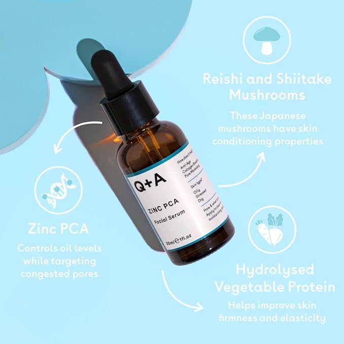 Q+A Zinc PCA Facial Serum (30ml), 99% Natural, Pore-Refining & Firming Serum with Zinc PCA and Reishi & Shiitake Mushrooms, Reduces Redness & Blemishes, Fragrance Free, Vegan & Cruelty Free Skincare