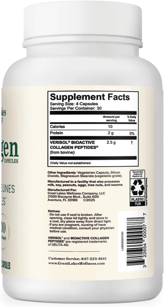 Great Lakes Wellness Collagen Peptides Pills – Supports Hair, Skin, Nails, Joints & Digestion – Hydrolyzed, Non-GMO, Keto & Kosher, VERISOL Collagen Types I & III for Maximum Absorption (120 Capsules)