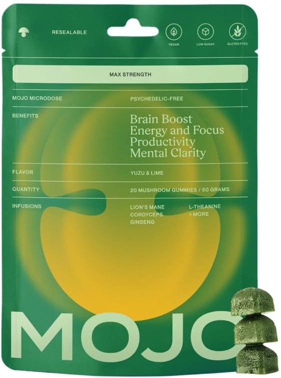Mojo Extra Strength Focus Gummies with Lion’s Mane, Cordyceps, Ginseng & L-Theanine - Mushroom Gummies Brain Supplement for Adults, Memory/Energy Support, Focus Fuel, Yuzu Lime (1 Pack)