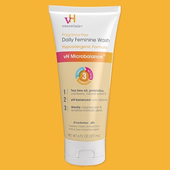 vH essentials Daily Feminine Wash - Fragrance Free, Hypoallergenic with Tea Tree Oil & Prebiotic - For Ph Balance, Intimate Odor Block, Vaginal Health - Gentle Formula Body Care - 6 Fl Oz (Pack of 2)
