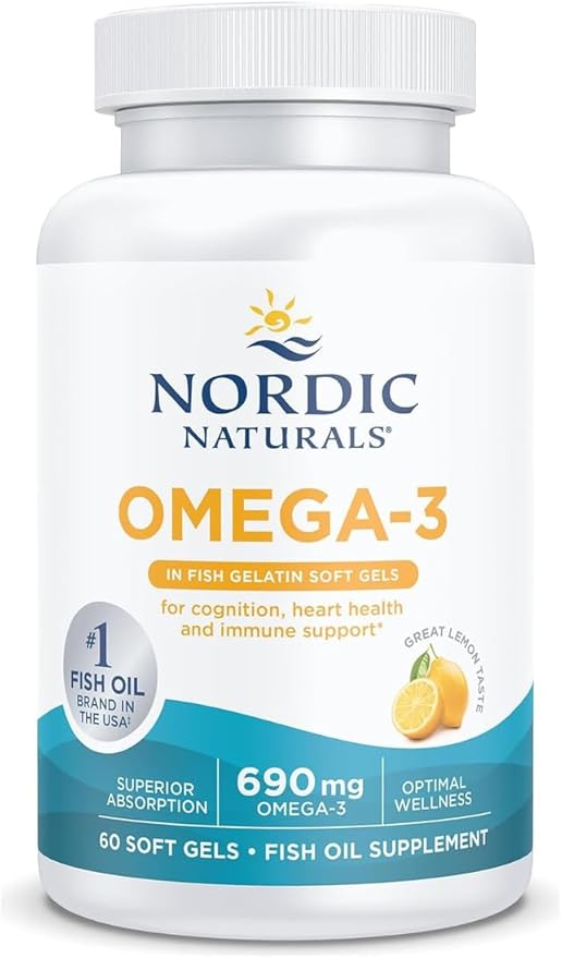 Nordic Naturals Omega-3 in Fish Gelatin, Lemon Flavor - 60 Fish Gels - 690 mg Omega-3 - Fish Oil - EPA & DHA - Immune Support, Brain & Heart Health, Optimal Wellness - Non-GMO - 30 Servings