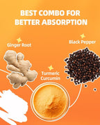 Turmeric Gummies with Black Pepper for Inflammation, Turmeric and Ginger Supplement for Immune Joint Support, Sugar Free Curcumin Ginger Gummies for Adult Vegan Non-GMO