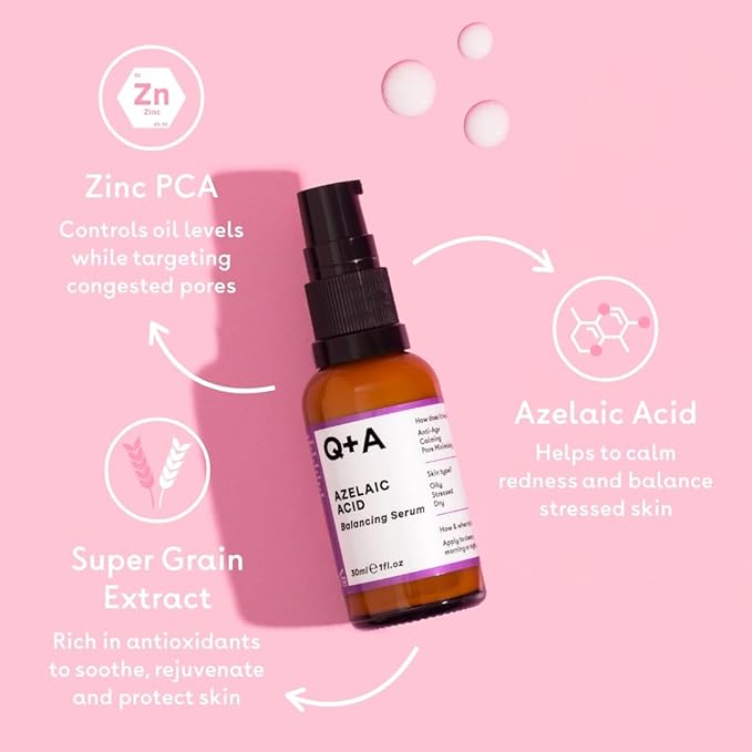 Q+A Azelaic Acid Balancing Serum (30ml), Natural Face Serum with Zinc PCA and Antioxidant Super Grains, Fragrance Free Skincare, Smoothes Skin