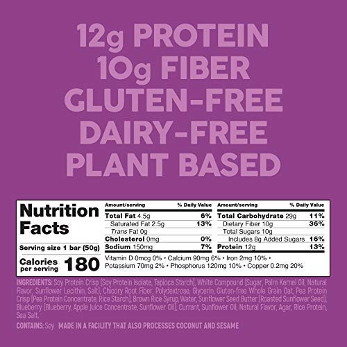No Nuts! Blueberry & Vanilla Protein Bars – Nut-Free & School-Safe | 12g Plant Protein, Vegan, Gluten-Free, Non-GMO, Organic, Kosher | 12 Count