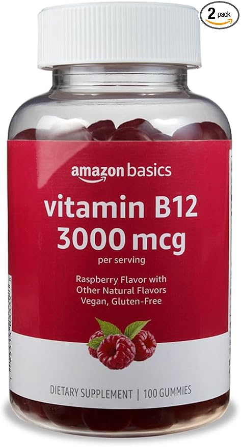 Amazon Basics Vitamin B12 3000 mcg, Normal Energy Production and Metabolism, Immune System Support, 100 Gummies (2 per serving), Pack of 2, Raspberry (Previously Solimo)
