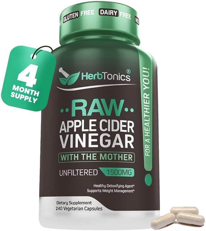 Herbtonics Raw Apple Cider Vinegar Capsules 1500mg with Mother | Weight Management, Detox & Digestion Formula with GLP-1 Support | Unfiltered ACV for Metabolic Support | 240 Vegan Capsules