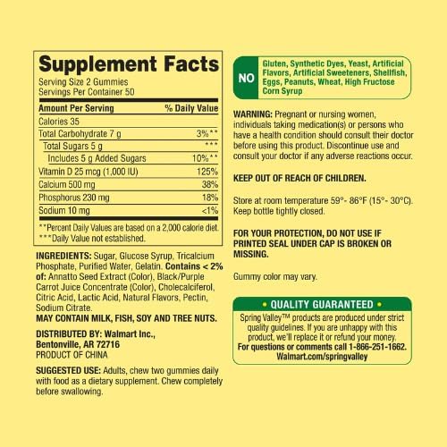 Spring Valley Calcium 500 mg Plus Vitamin D 25 mcg Bone Health Dietary Supplement Gummies, 100 Count + DRI Store Sticker.