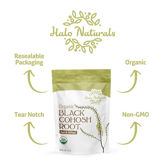 Halo Naturals Organic Black Cohosh Root Cut & Sifted, 4 Ounces (Cimicifuga racemosa) USDA Certified | Resealable Pouch| Packaged in The USA