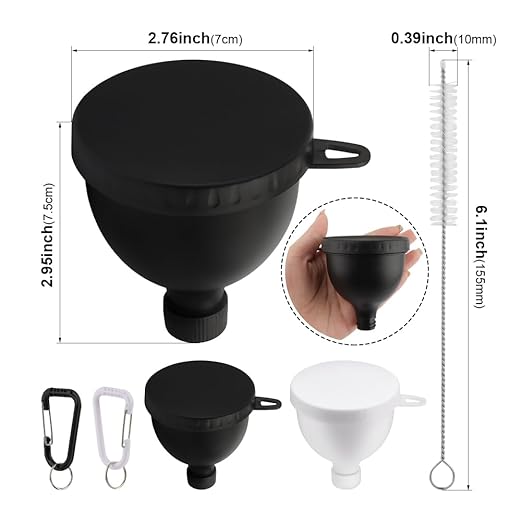 Protein Powder Funnel 4-Pack with Cleaning Brush, 5oz Leak-Proof Containers, Gym Travel Supplement Dispenser, Black White