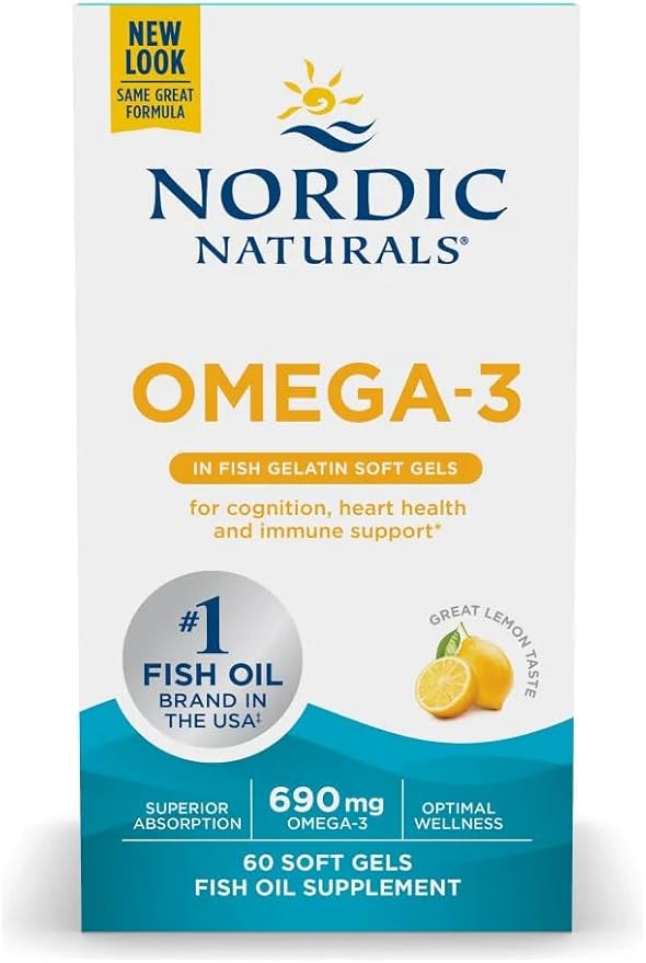 Nordic Naturals Omega-3 in Fish Gelatin, Lemon Flavor - 60 Fish Gels - 690 mg Omega-3 - Fish Oil - EPA & DHA - Immune Support, Brain & Heart Health, Optimal Wellness - Non-GMO - 30 Servings