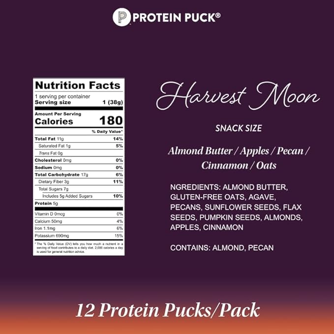 Protein Puck Vegan Plant based Protein Bar – Natural Healthy Snack Bars, 12 Count, 1.34oz Mini, Gluten Free, Dairy Free, No GMO, Kosher – Harvest Moon - Apple, Cinnamon, Pecan, Sport Nutrition