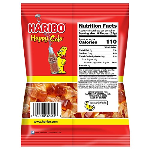 HARIBO Gummi Candy, Happy-Cola Gummy Candy Soda Bottles, 5 Ounce Share Size Bags (Pack of 12) Delicious Soft & Chewy Sweet Snacks, Classic Cola Flavor