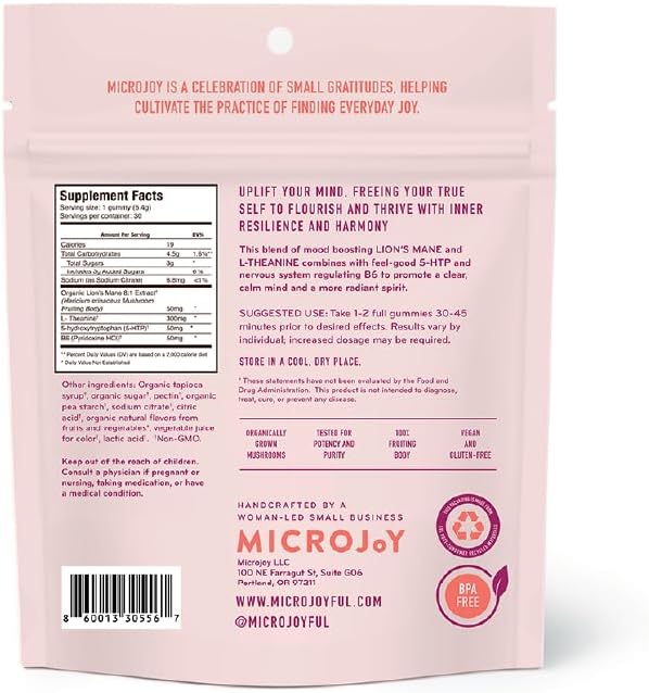 Microjoy Elevate – Mood Support, Relaxation & Stress Relief Gummies – with L-Theanine, Lion’s Mane, 5-HTP & B6 – Vegan, Non-GMO – 30ct – Strawberry