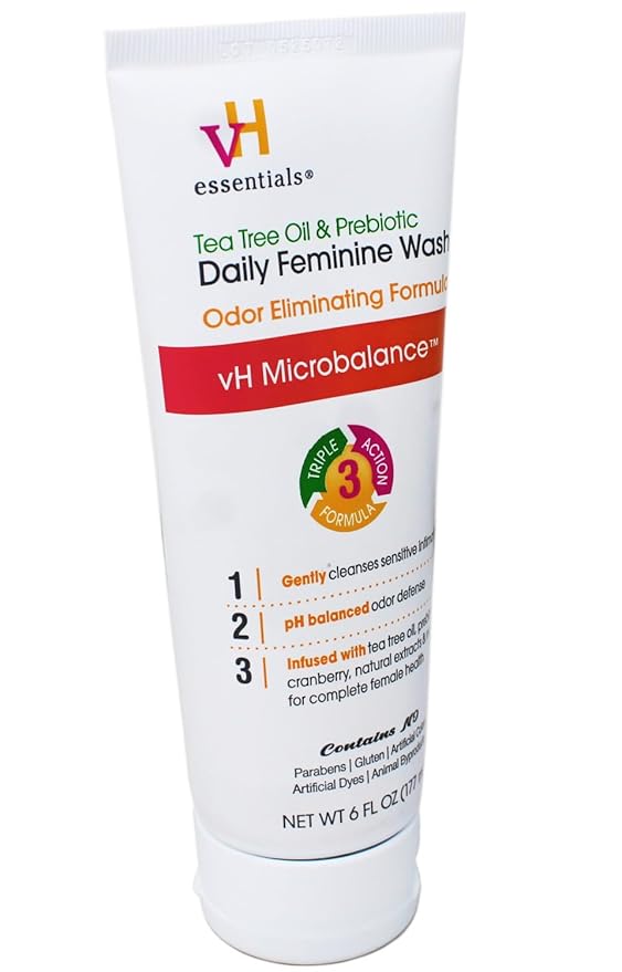 vH essentials Intimate Feminine Wash, pH Balanced with Tea Tree Oil, Cranberry, Prebiotics Odor Eliminating Formula, 6 FL OZ - 3 Pack