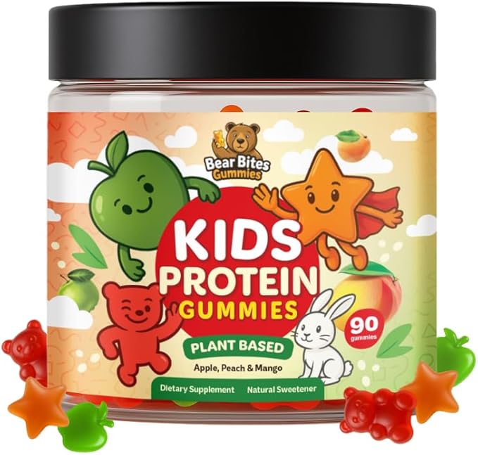Bear Bites Gummies-Plant Based Kids Protein Gummy– Vegan, Sugar-Free, Gluten-Free, Vitamin C – Immunity Booster, Protein Snacks –Tasty Apple, Peach, Mango Flavors –90 Count –No Artificial Flavors