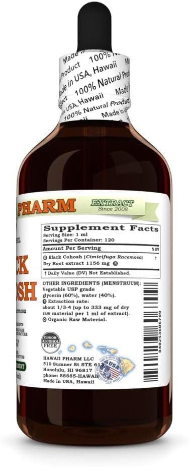 Black Cohosh (Cimicifuga Racemosa) Dry Root Glycerite, Made in Hawaii, Raw Materials, All Natural, Vegan, Lab Tested Alcohol-Free Liquid Extract - 4 fl.oz
