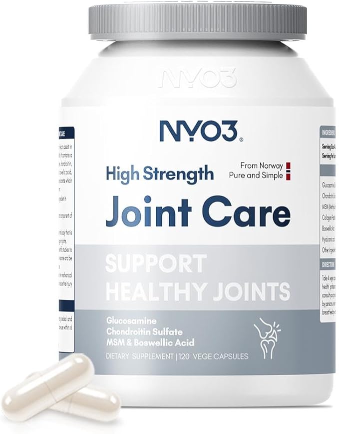 NYO3 Glucosamine 1500mg with Chondroitin MSM 120 Capsules Collagen Peptide | Joint Support Supplement, 30 Day Supply Joint Health (Products Nearing Expiration)