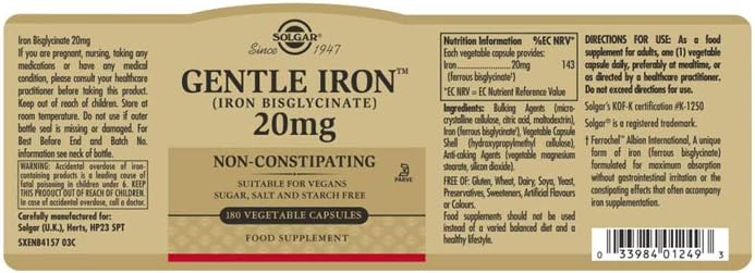 Solgar Gentle Iron, 180 Vegetable Capsules - Ideal for Sensitive Stomachs - Non-Constipating - Red Blood Cell Supplement - Non GMO, Vegan, Gluten-Free, Dairy Free, Kosher - 180 Servings