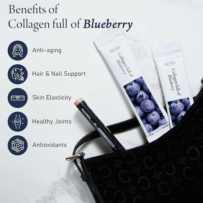 Korean Collagen Jelly Sticks - 25 Blueberry Flavored Marine Collagen Peptide Snacks for Anti-Aging- Collagen Protein Sugar-Free, Travel Packs for Hair & Nail Strength