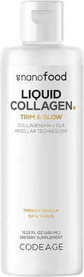Codeage Liquid Collagen Supplement Vanilla Flavor, Beauty Trim & Glow Liposomal Collagen Peptides, CLA Conjugated Linoleic Acid, Hyaluronic Acid, Vitamin E, Hydrolyzed, Non-GMO, 15.22 fl oz